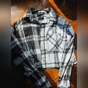 Cropped Black & White Plaid Button-Up Shirt